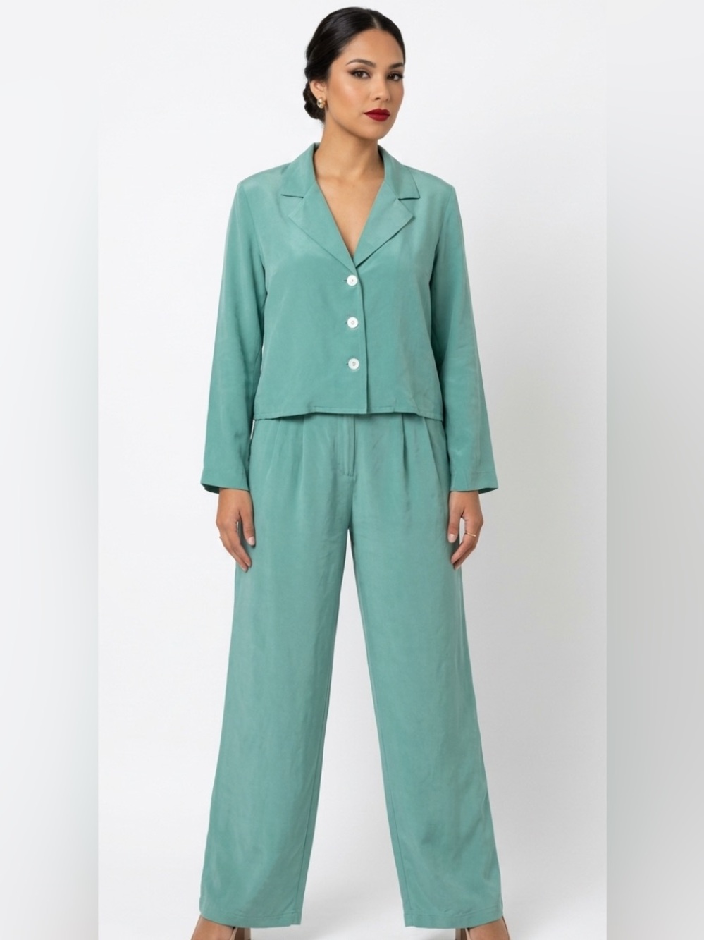 Set 100% silk Wide-Leg High-Rise Pants in Mint Green